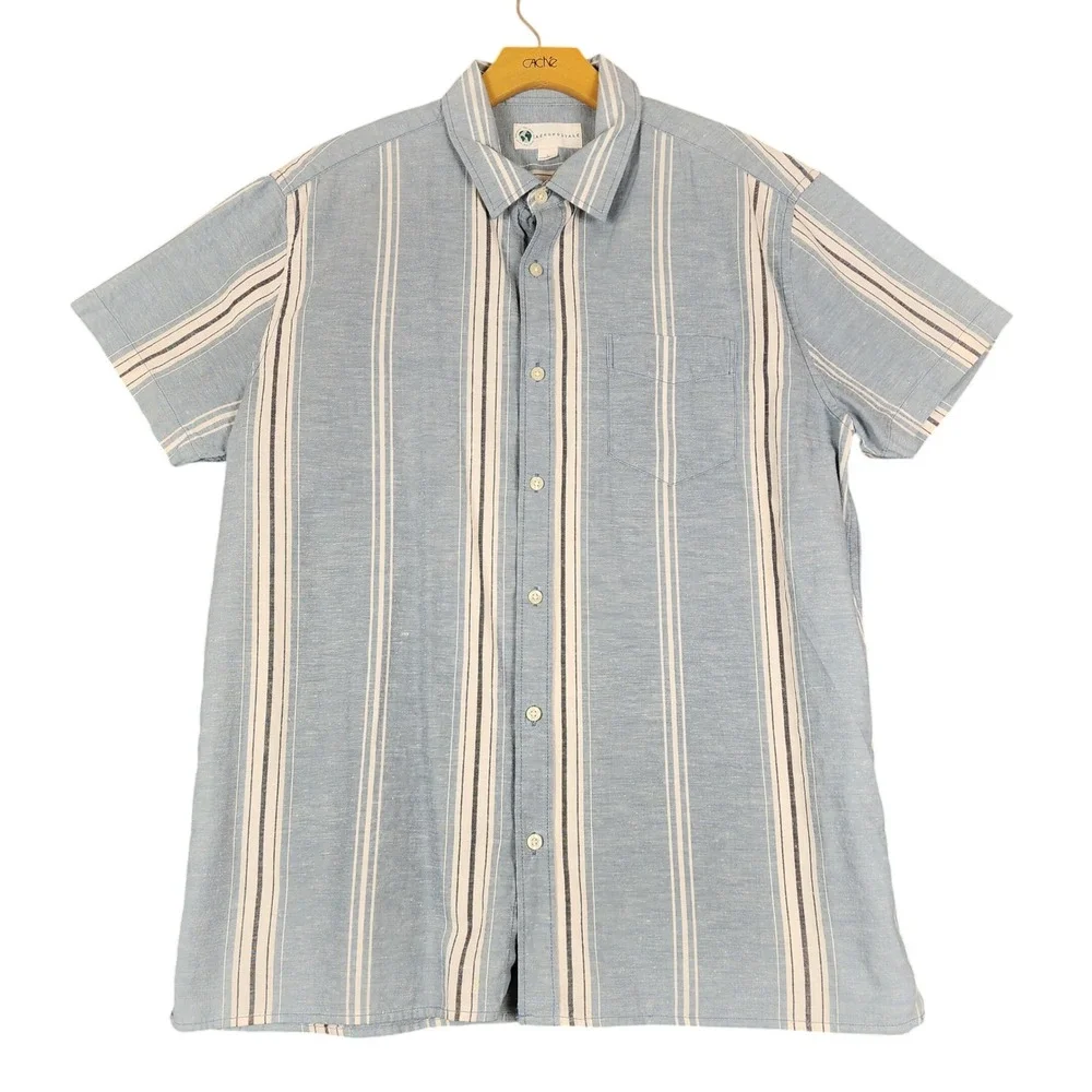 AEROPOSTALE Mens Striped Short Sleeve Button Up‎ Shirt Size L Blue Cotton Hemp